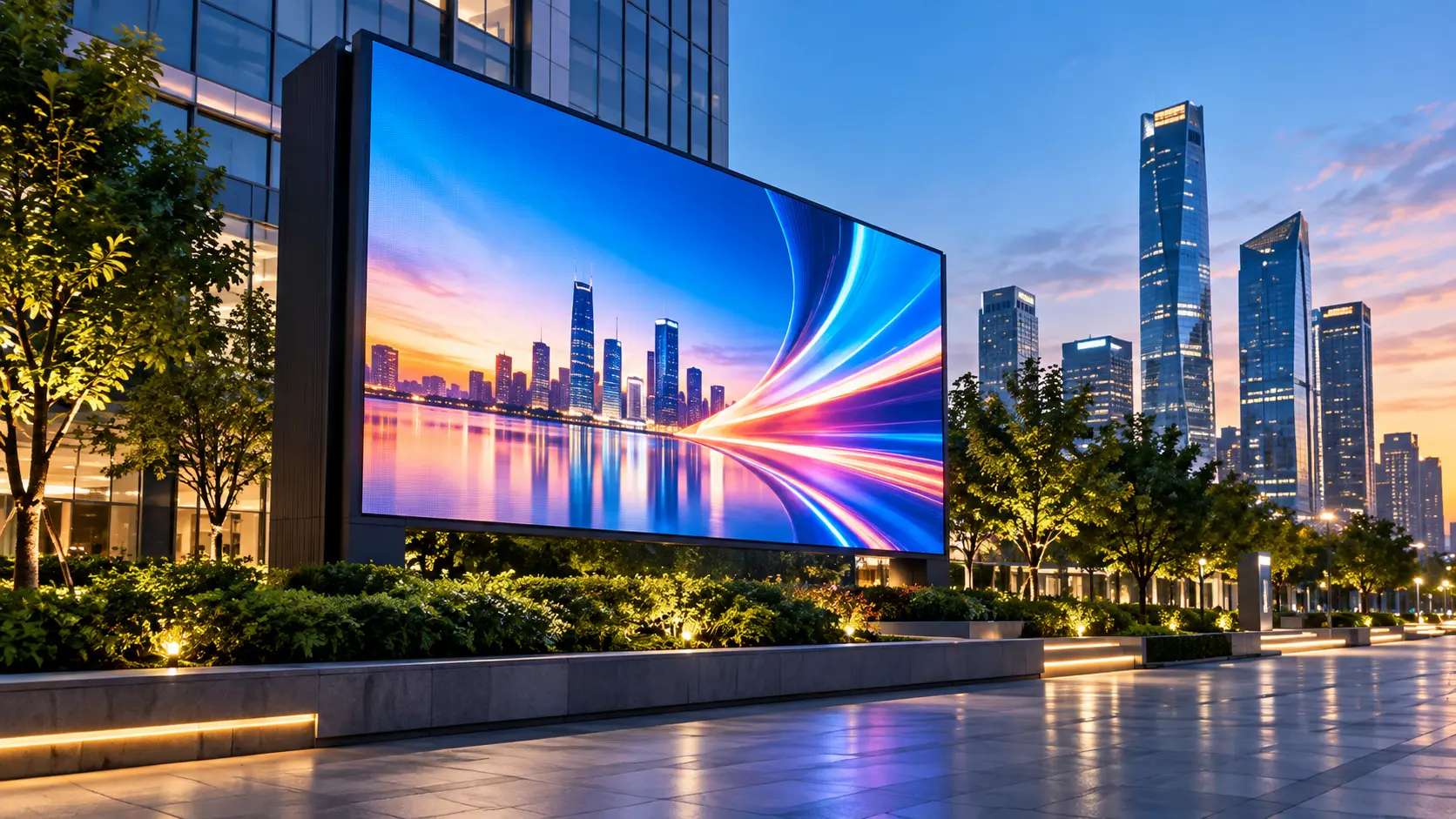 Large-format LED display in a modern city environment